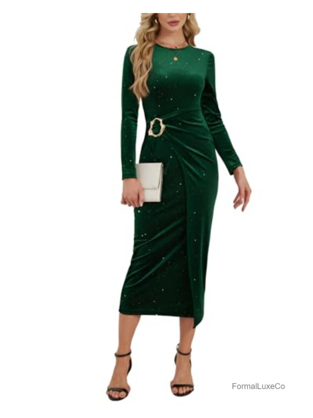 Women's Long Sleeve Velvet Sequin Wrap Bodycon Midi Dress Cocktail Party